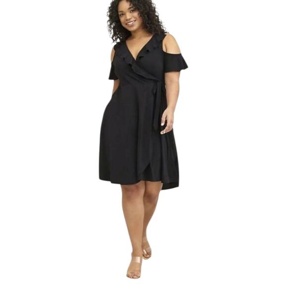 TORRID PLUS Size Black Mini Studio knit Cold Shoulder Wrap Dress. - Picture 1 of 13